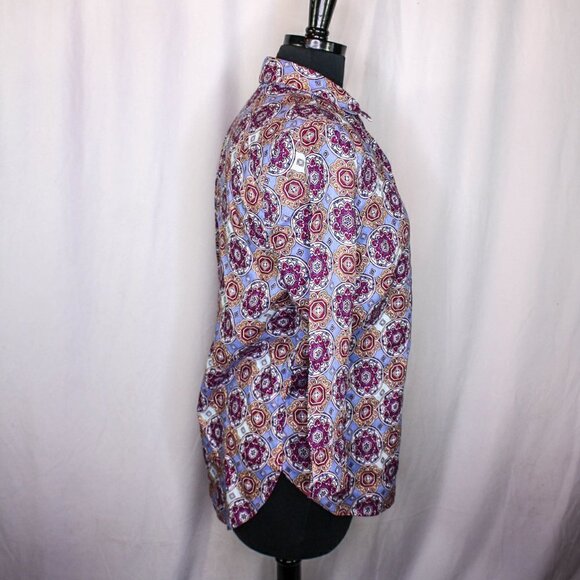 Chico's Top 100% Linen Button Down No Iron Blouse Print Size 1 8/10 - Picture 2 of 4